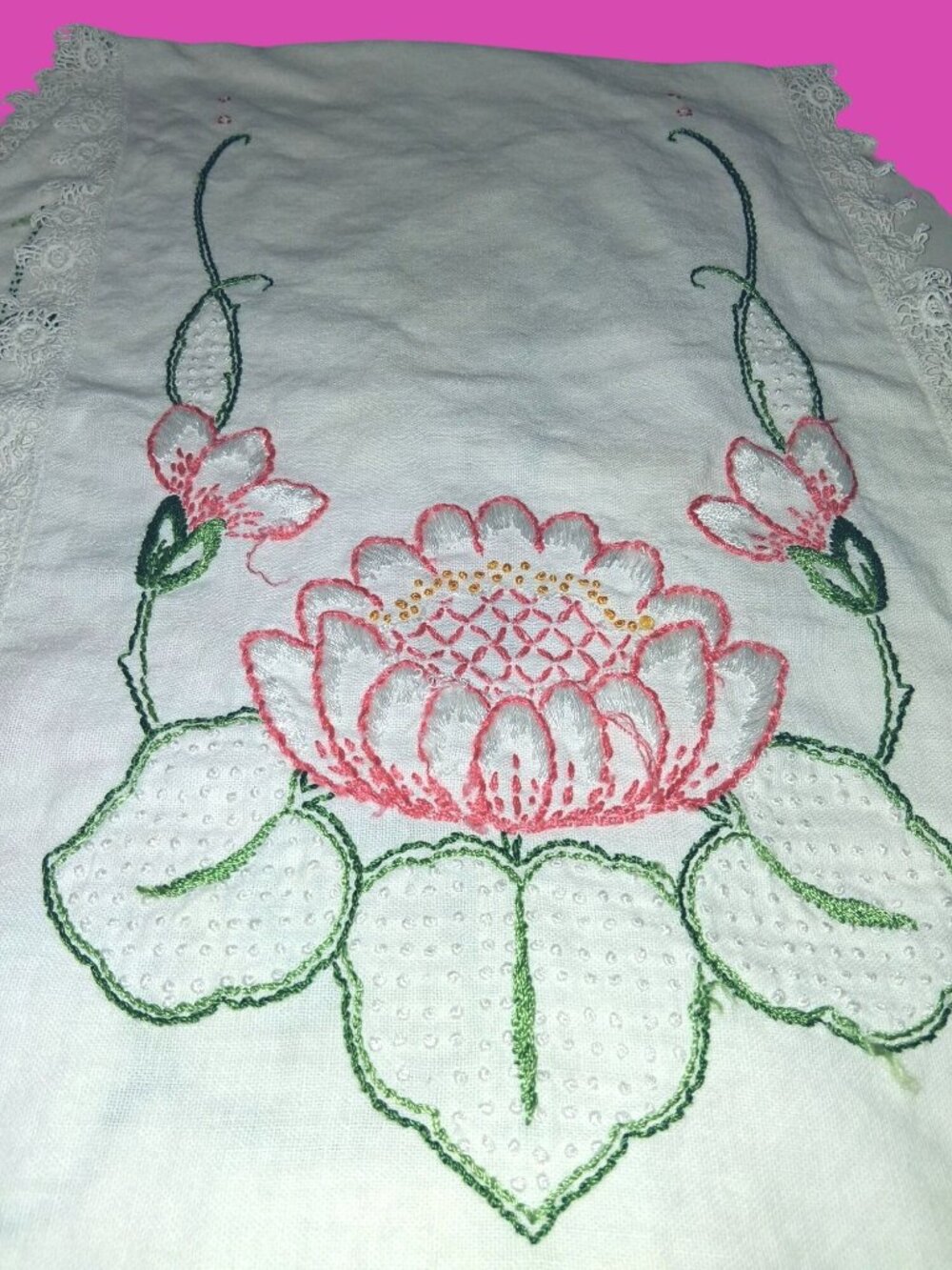 Handmade Floral Embroidered White Linen Table Runner With Lace Trim